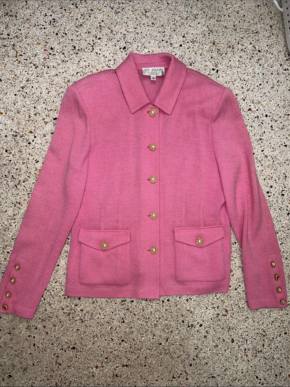St John Collection pink knit jacket blazer pearl button 12 USA
